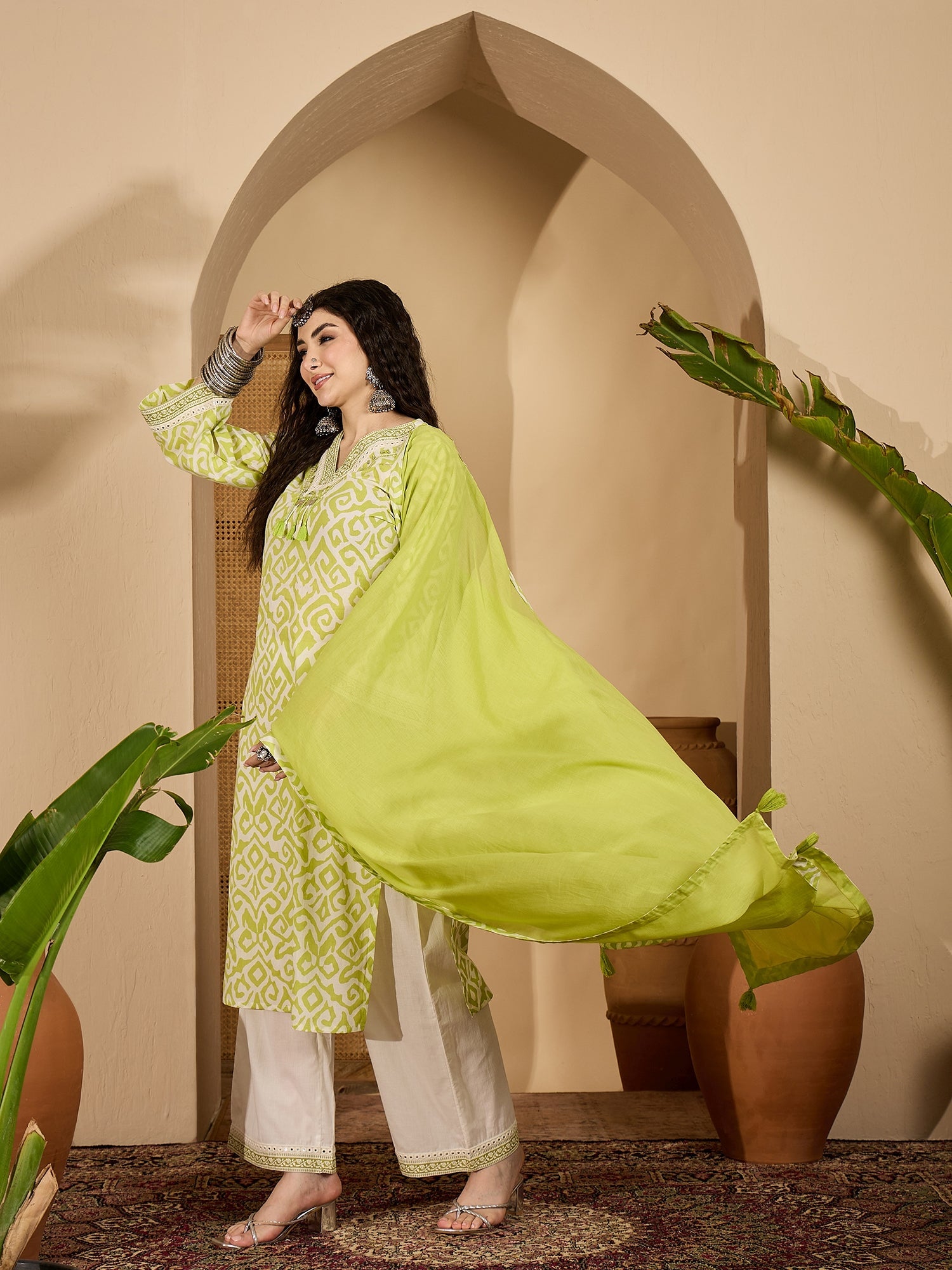 Women's Green Ikat Printed Cotton Straight Kurta Palazzo Dupatta Set (