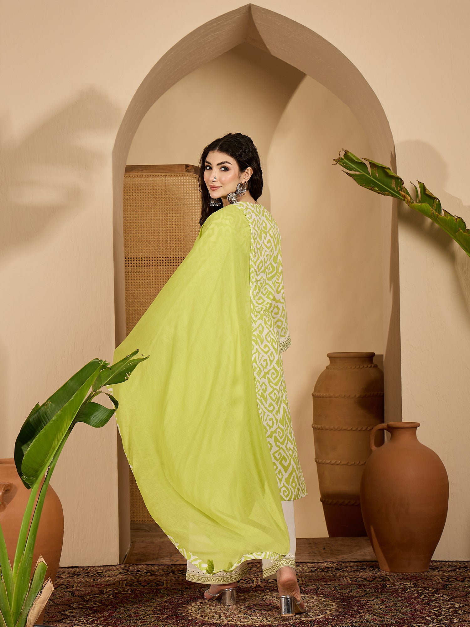 Women's Green Ikat Printed Cotton Straight Kurta Palazzo Dupatta Set (