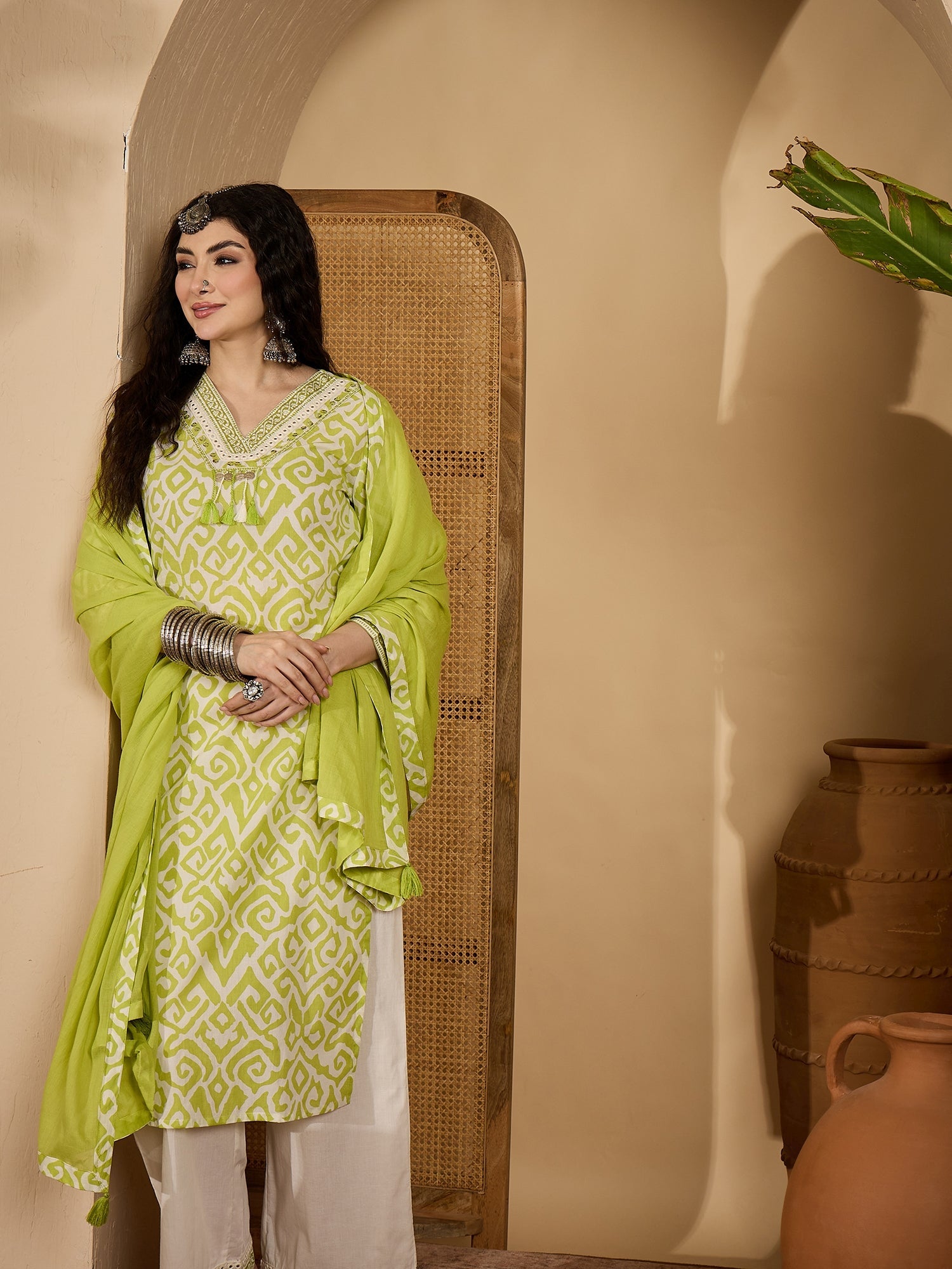 Women's Green Ikat Printed Cotton Straight Kurta Palazzo Dupatta Set (