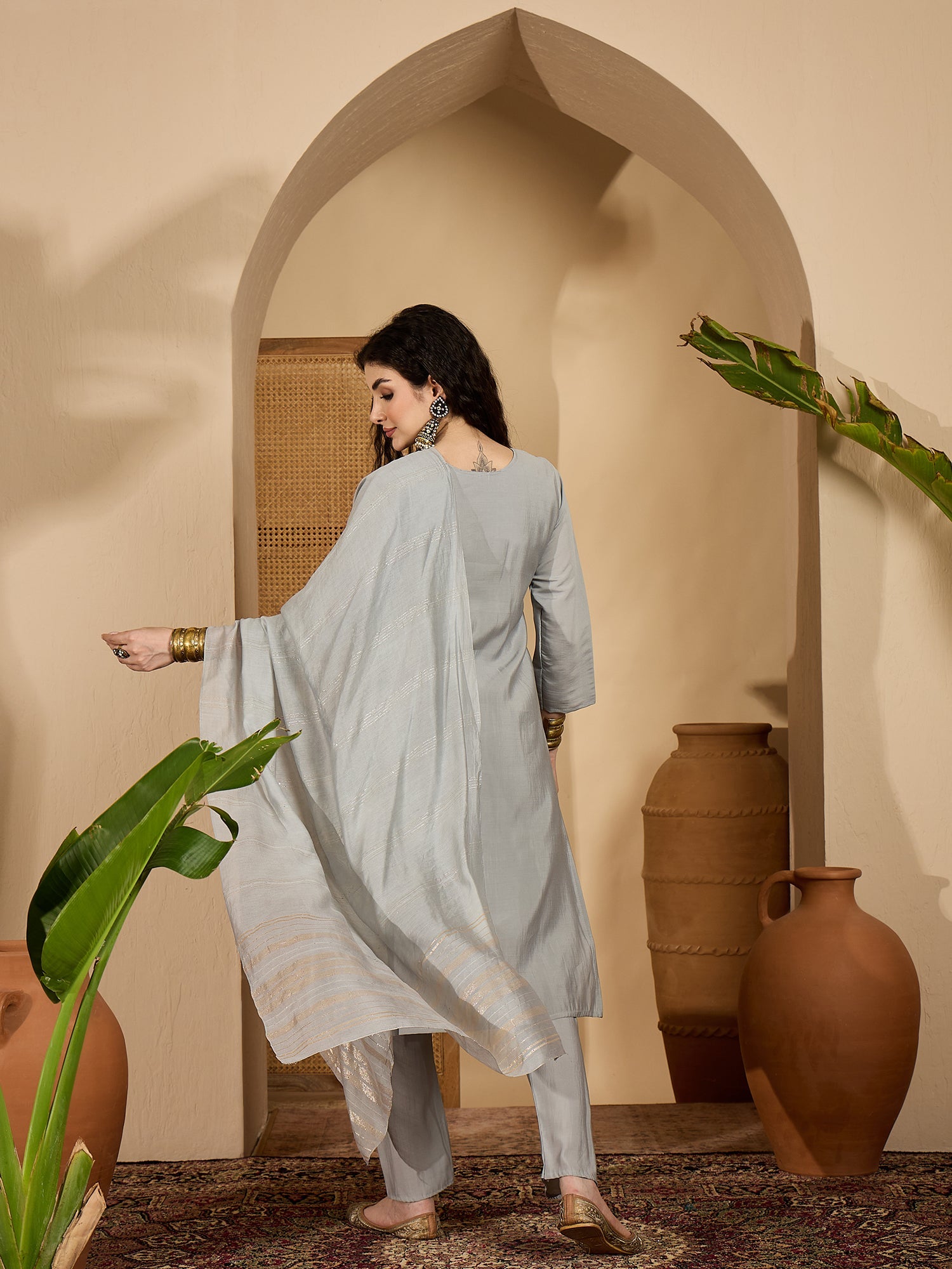 Women's Grey Solid & Embroidered Silk Straight Kurta Pant Dupatta Set 