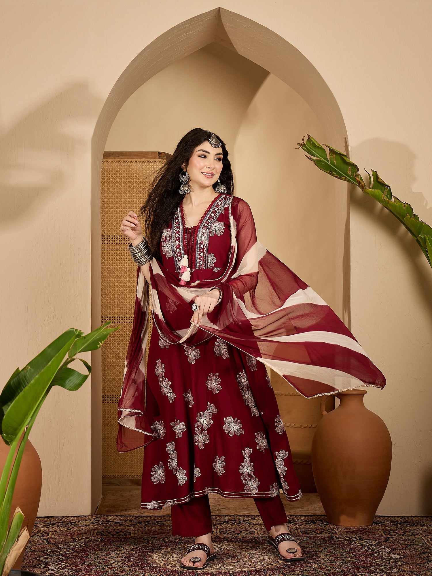 Women's Maroon Floral Printed Rayon Flared Kurta Pant Dupatta Set (KPD