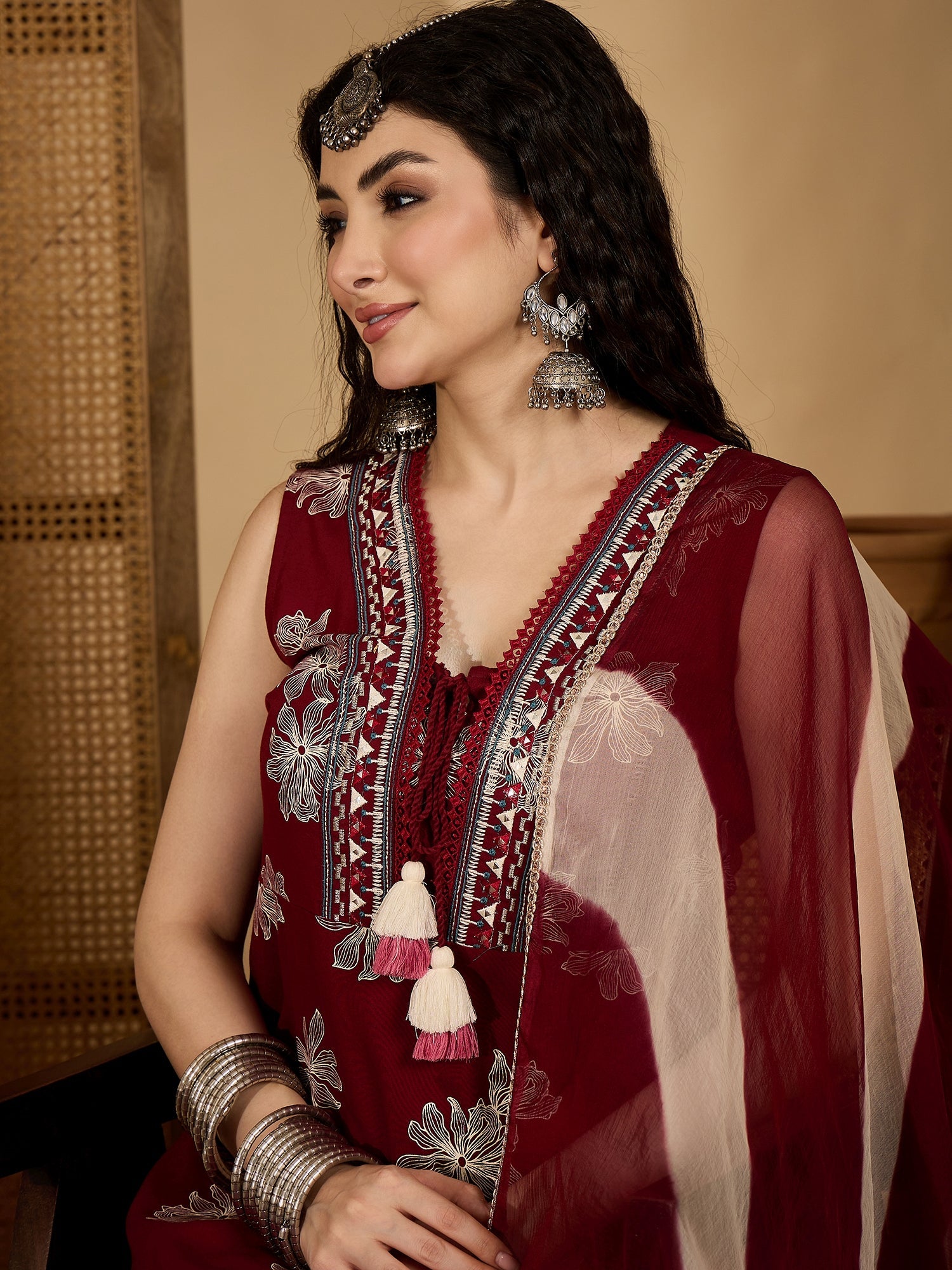 Women's Maroon Floral Printed Rayon Flared Kurta Pant Dupatta Set (KPD