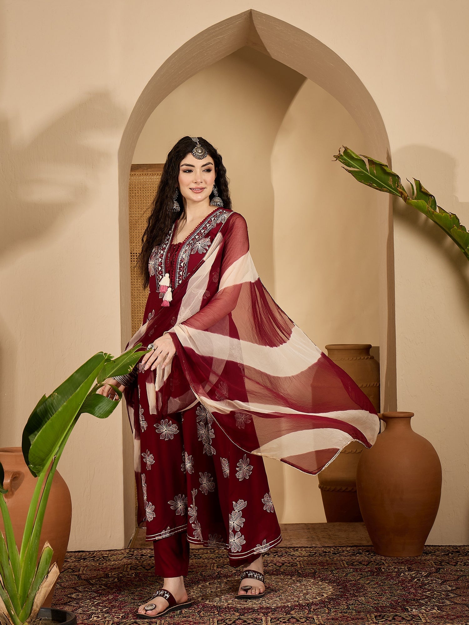 Women's Maroon Floral Printed Rayon Flared Kurta Pant Dupatta Set (KPD