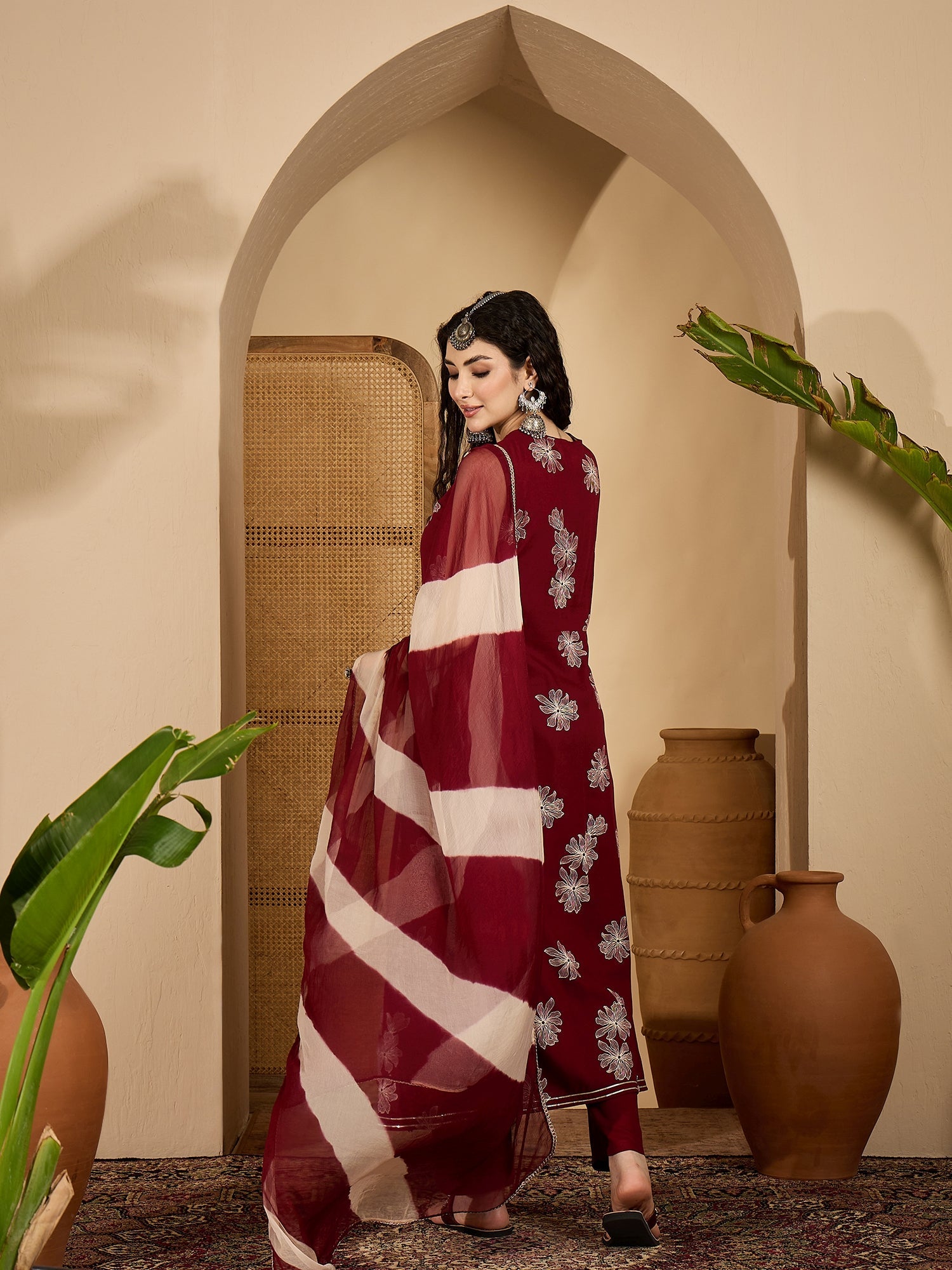Women's Maroon Floral Printed Rayon Flared Kurta Pant Dupatta Set (KPD