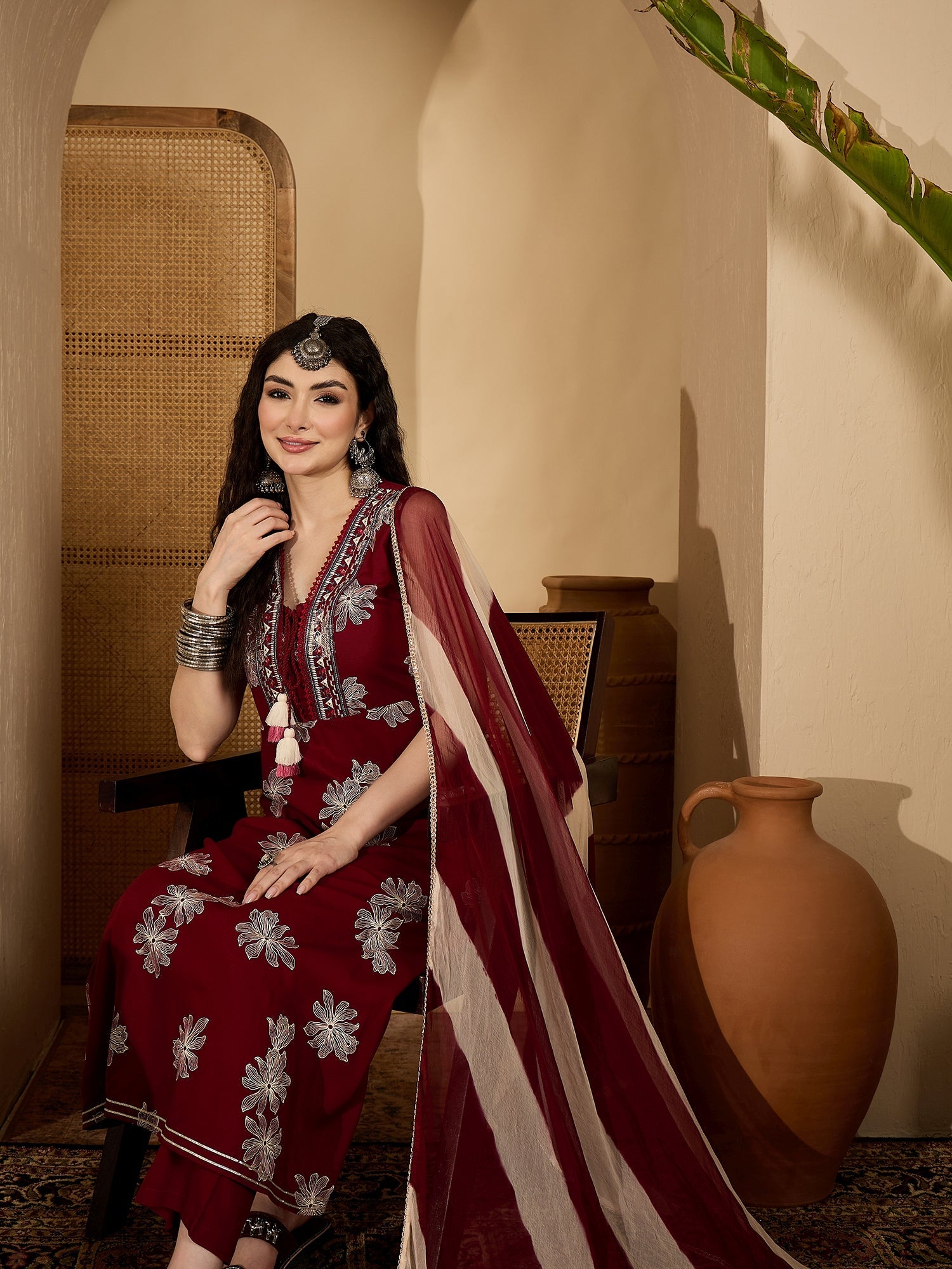 Women's Maroon Floral Printed Rayon Flared Kurta Pant Dupatta Set (KPD