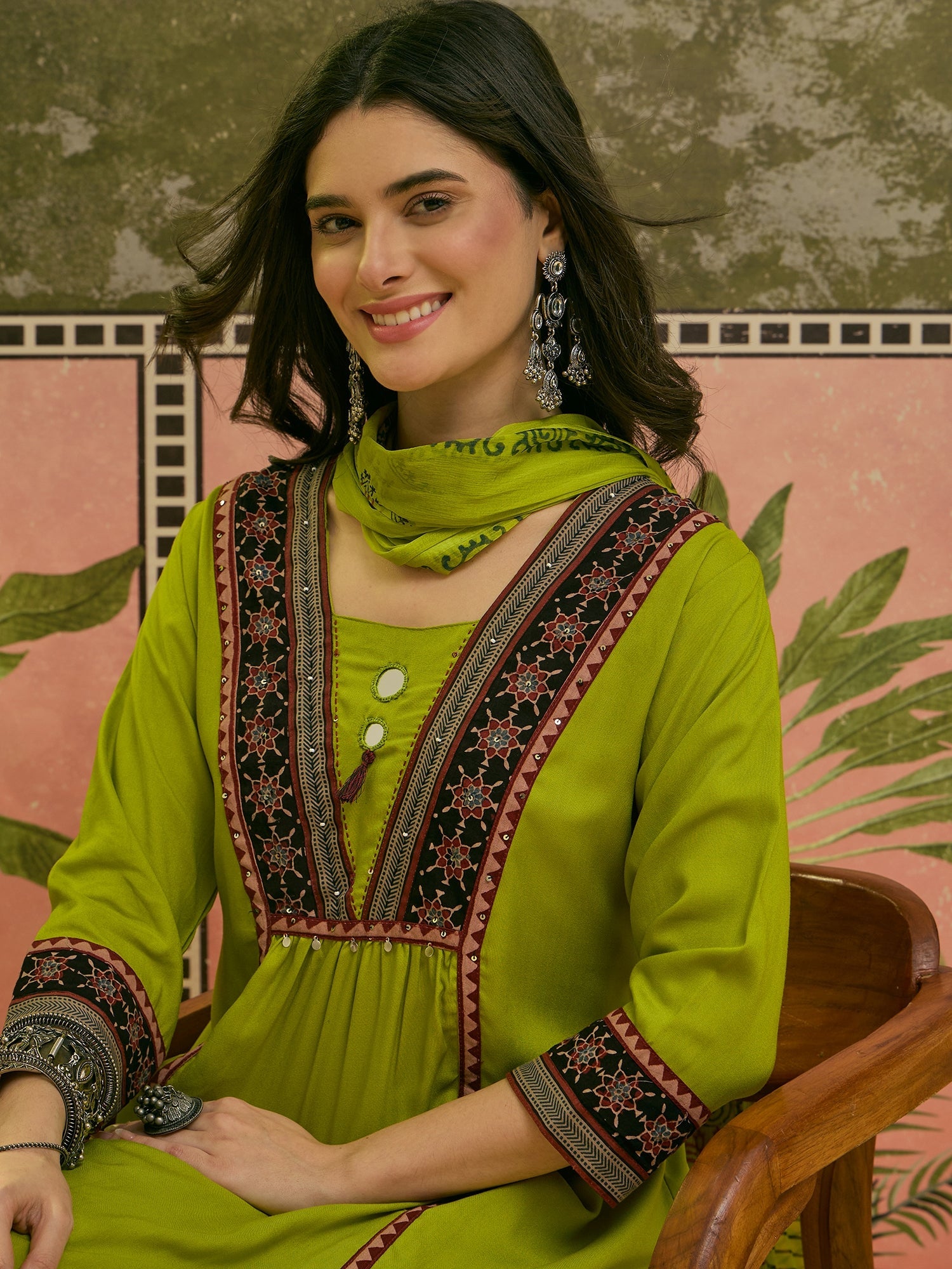 Women's Olive Solid Rayon A-Line Kurta Palazzo Dupatta Set (KPDOLIVEOM