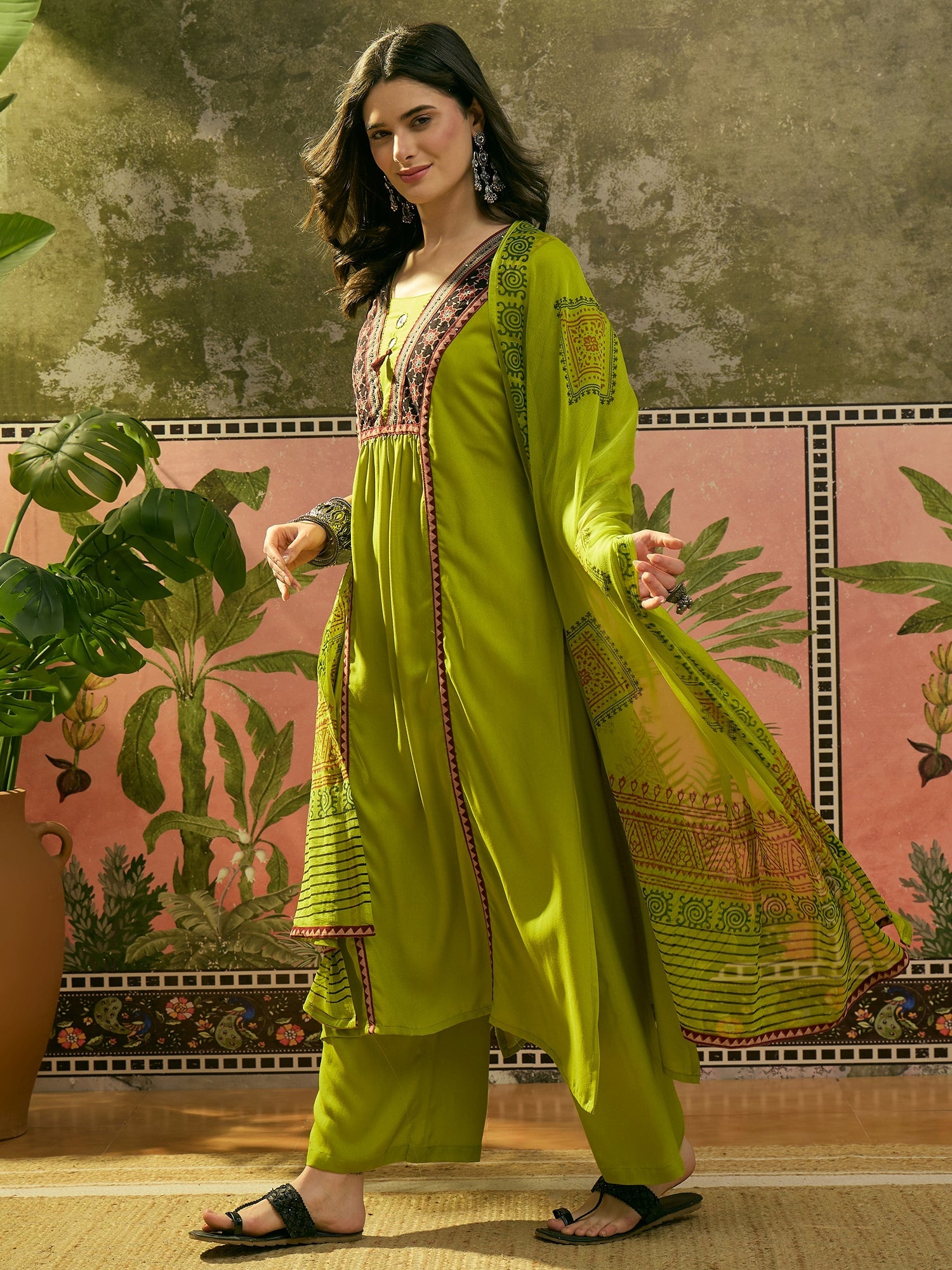 Women's Olive Solid Rayon A-Line Kurta Palazzo Dupatta Set (KPDOLIVEOM