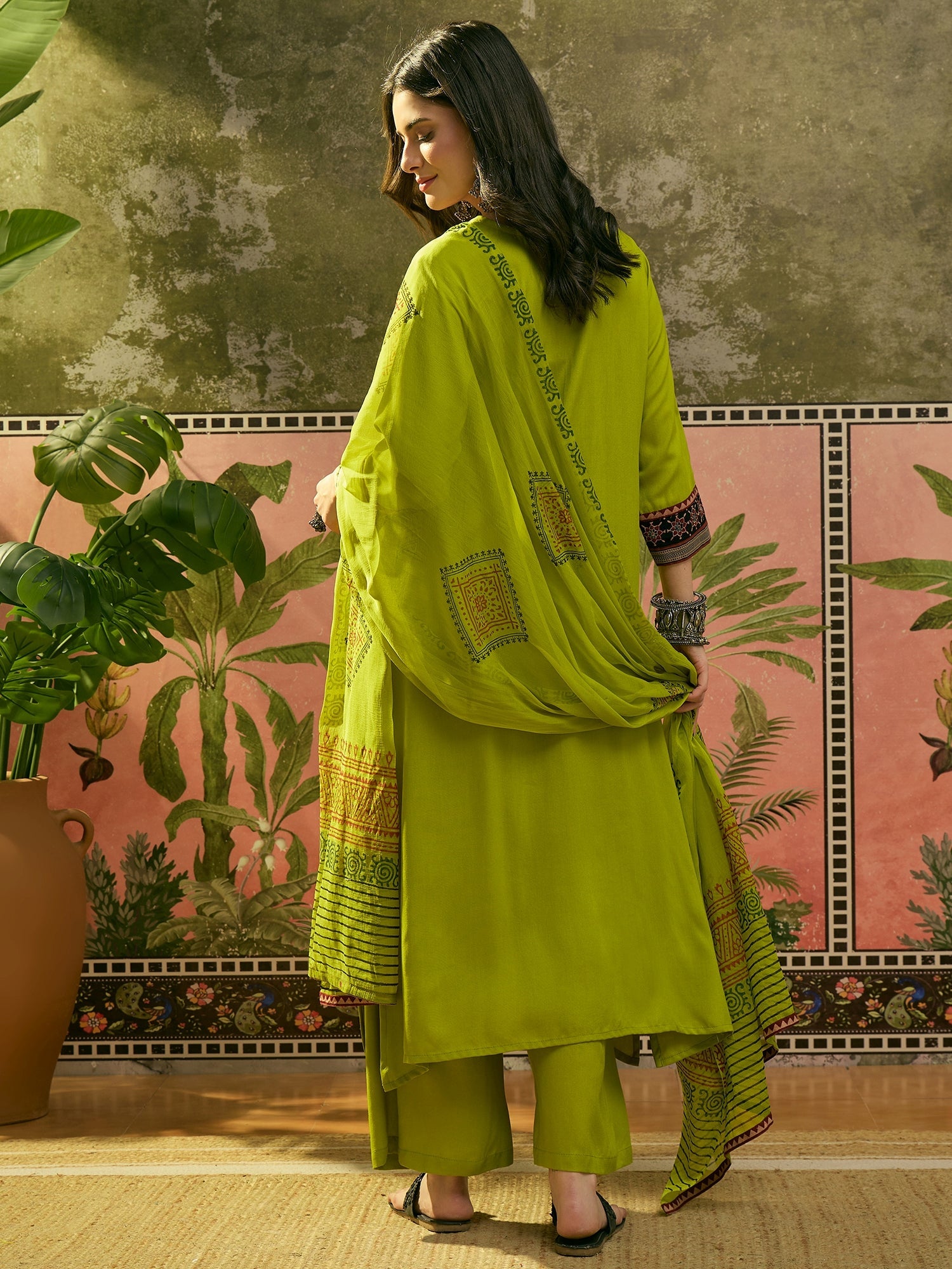 Women's Olive Solid Rayon A-Line Kurta Palazzo Dupatta Set (KPDOLIVEOM