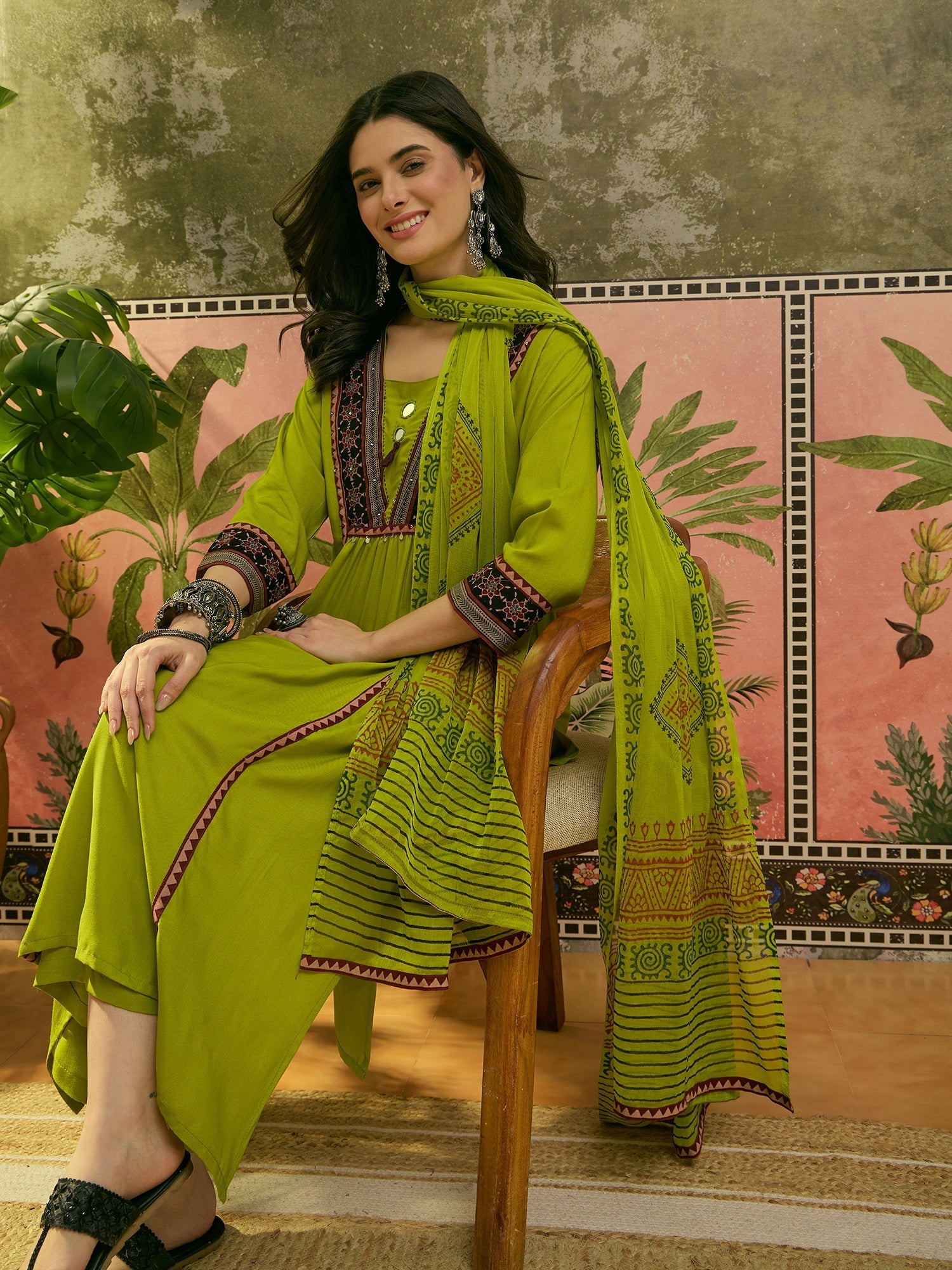 Women's Olive Solid Rayon A-Line Kurta Palazzo Dupatta Set (KPDOLIVEOM