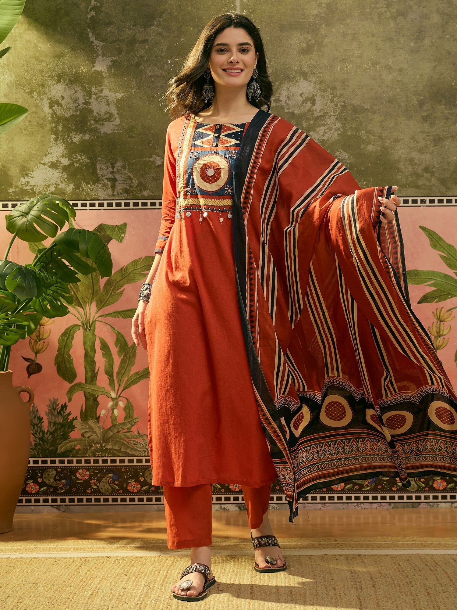 Women's Orange Solid Cotton Straight Kurta Pant Dupatta Set (KPDORANGE