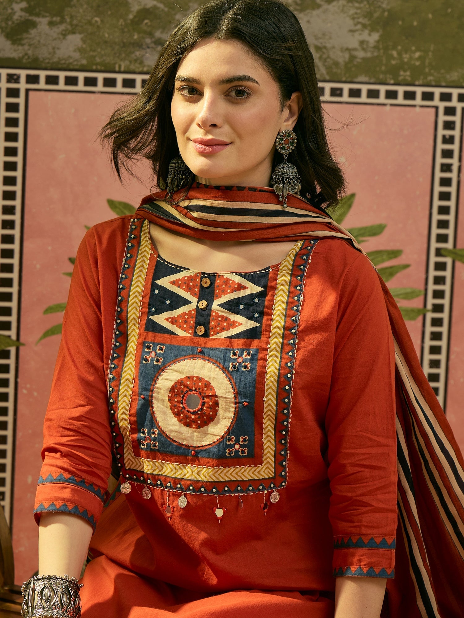 Women's Orange Solid Cotton Straight Kurta Pant Dupatta Set (KPDORANGE