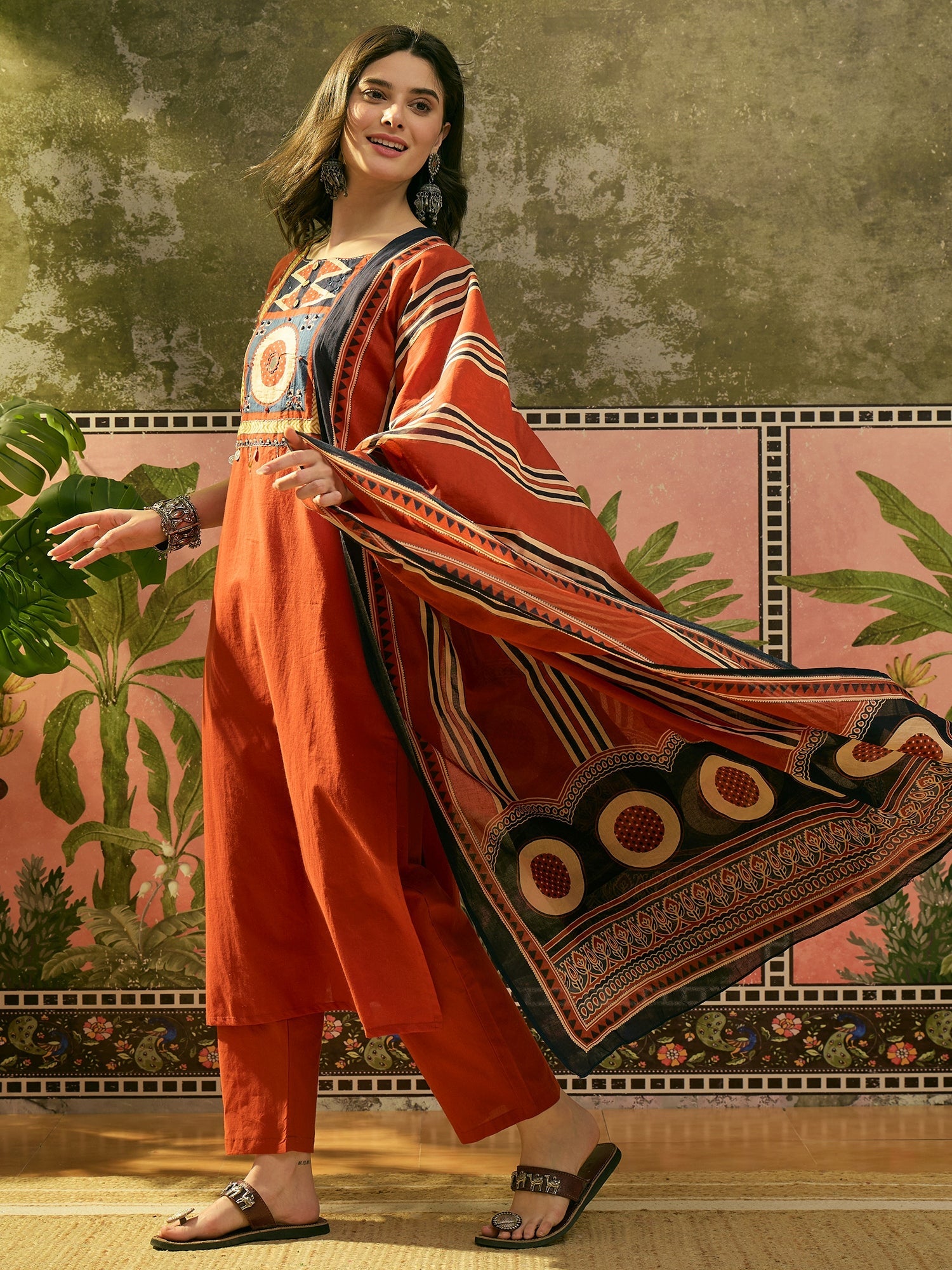 Women's Orange Solid Cotton Straight Kurta Pant Dupatta Set (KPDORANGE