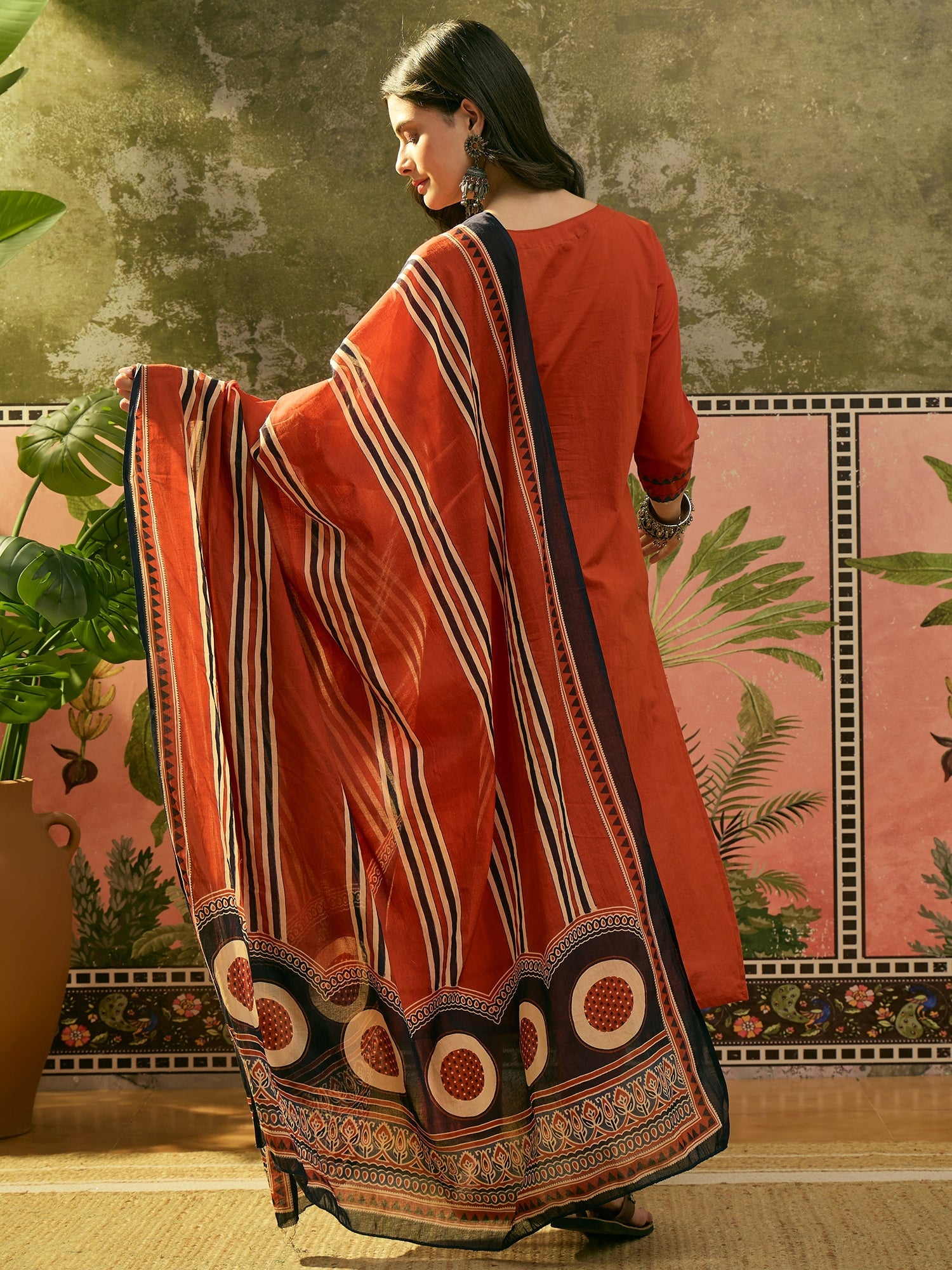 Women's Orange Solid Cotton Straight Kurta Pant Dupatta Set (KPDORANGE