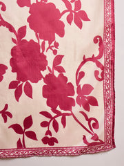 Stylum Women's Pink Floral Printed & Embroidered Chinon Straight Kurta Pant Dupatta Set (KPDPINKAPPLE)