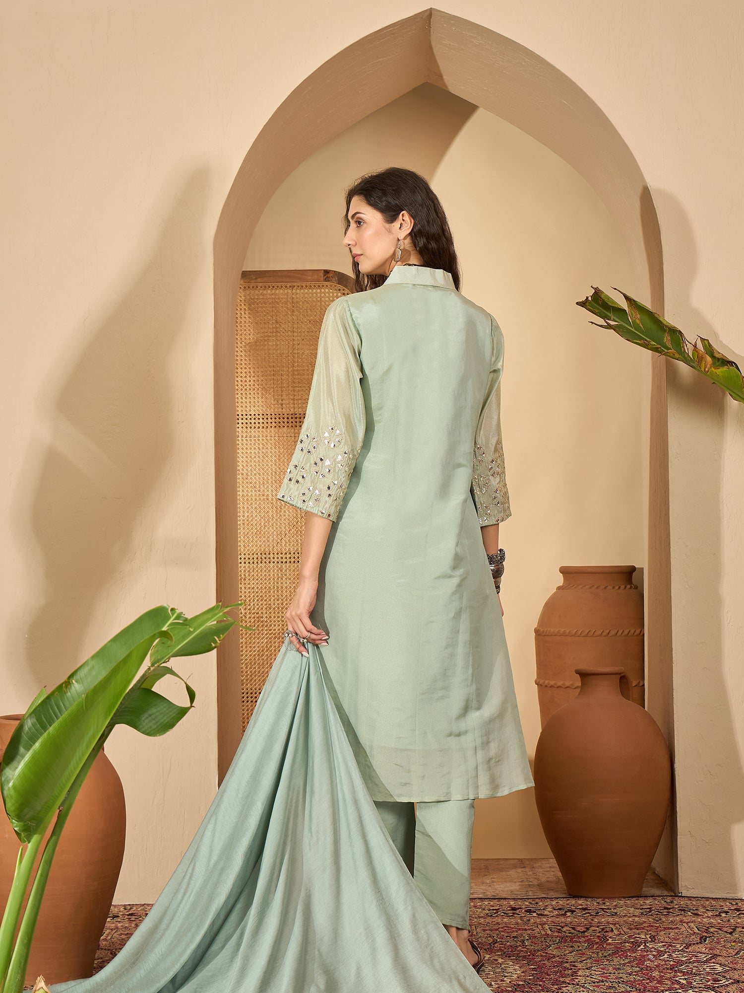 Stylum Women's Pista Solid Silk Blend A-Line Kurta Pant Dupatta Set (KPDPISTAMOHAK)