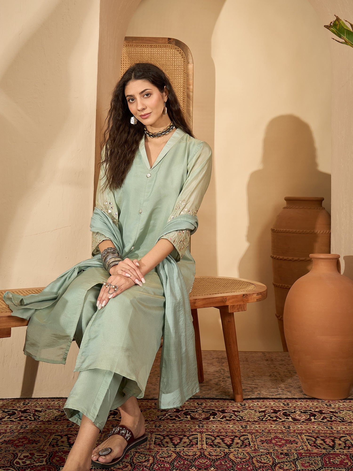Stylum Women's Pista Solid Silk Blend A-Line Kurta Pant Dupatta Set (KPDPISTAMOHAK)