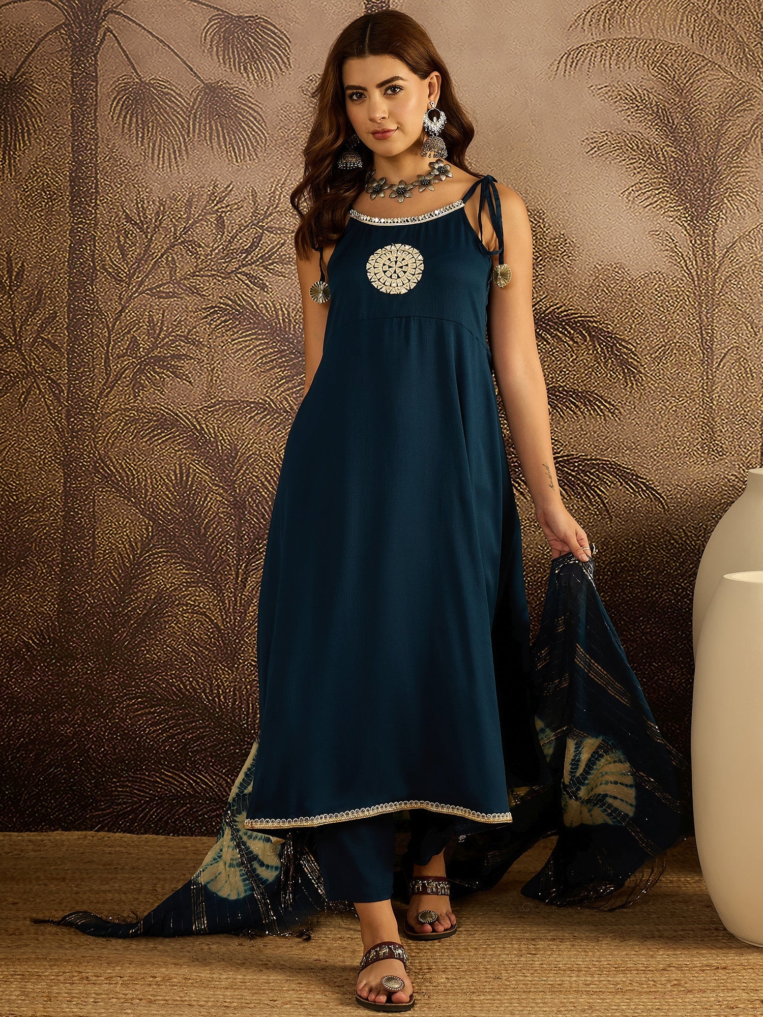 Stylum Women's Teal Solid & Embroidered Crepe A-Line Kurta Pant Dupatta Set (KPDTEALMILANI)