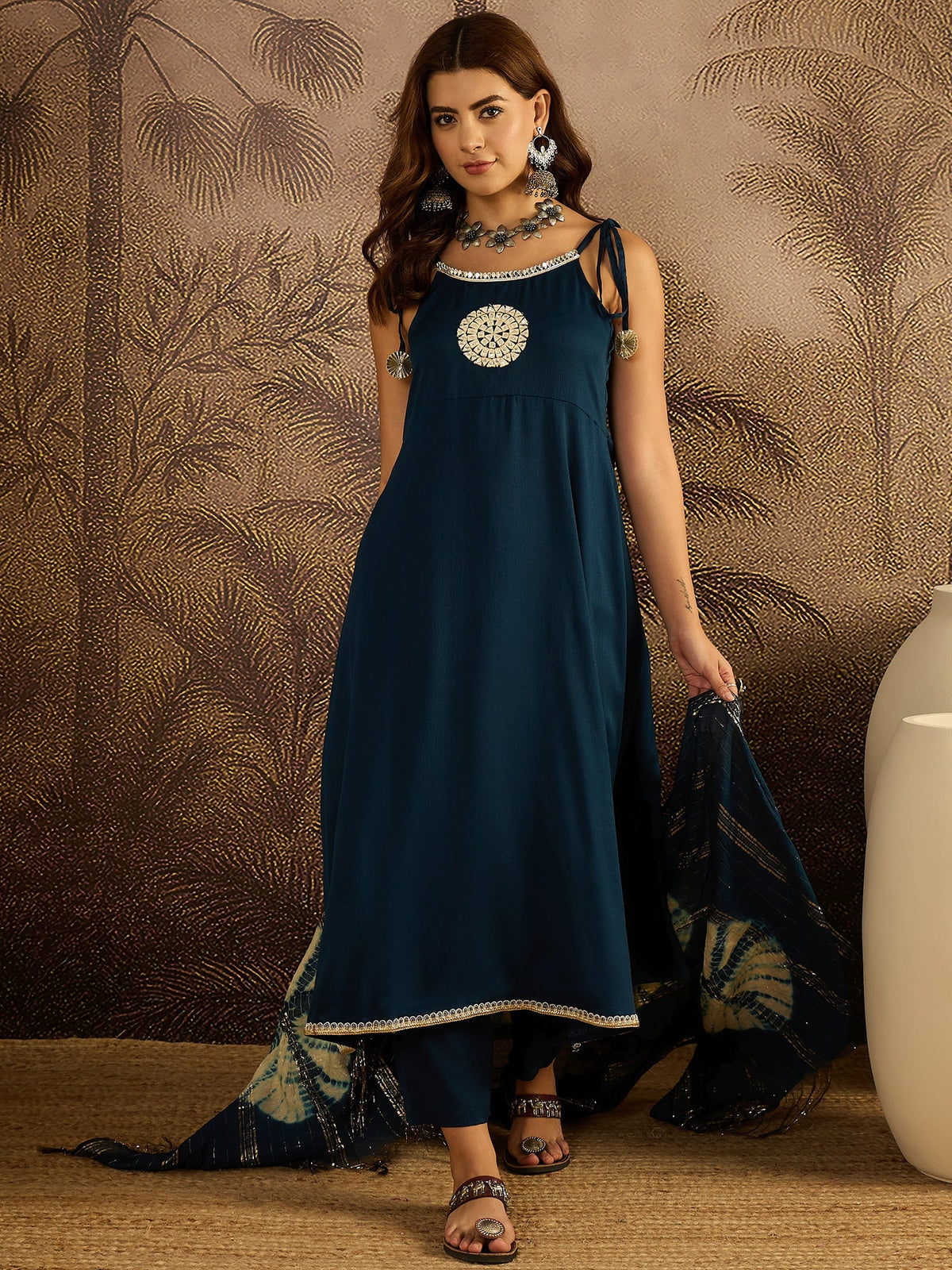 Stylum Women's Teal Solid & Embroidered Crepe A-Line Kurta Pant Dupatta Set (KPDTEALMILANI)