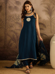 Stylum Women's Teal Solid & Embroidered Crepe A-Line Kurta Pant Dupatta Set (KPDTEALMILANI)