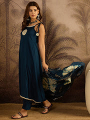 Stylum Women's Teal Solid & Embroidered Crepe A-Line Kurta Pant Dupatta Set (KPDTEALMILANI)
