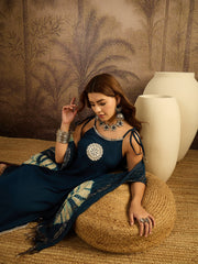 Stylum Women's Teal Solid & Embroidered Crepe A-Line Kurta Pant Dupatta Set (KPDTEALMILANI)