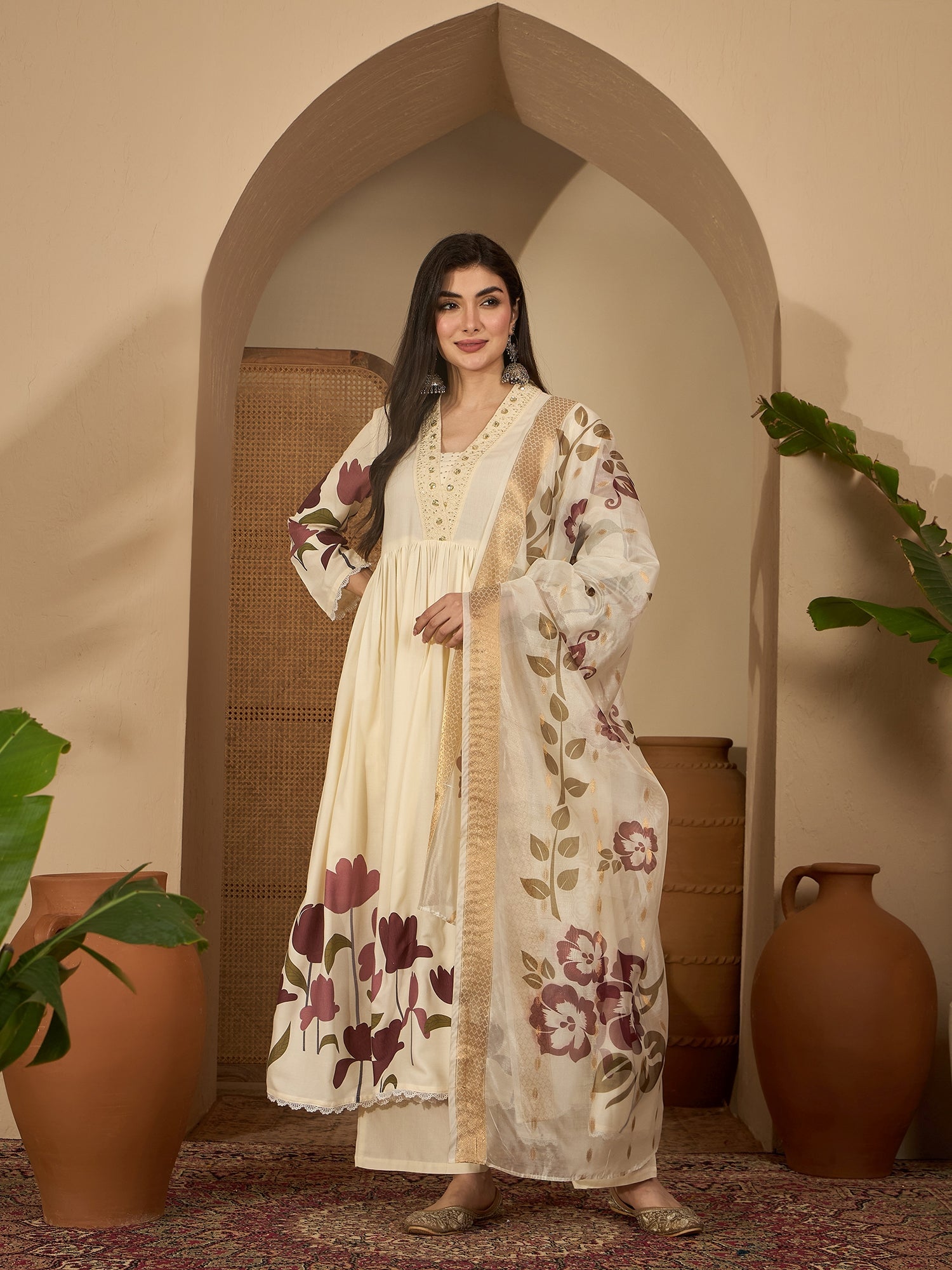 Women's Wine Floral Printed Rayon Flared Kurta Palazzo Dupatta Set (KP