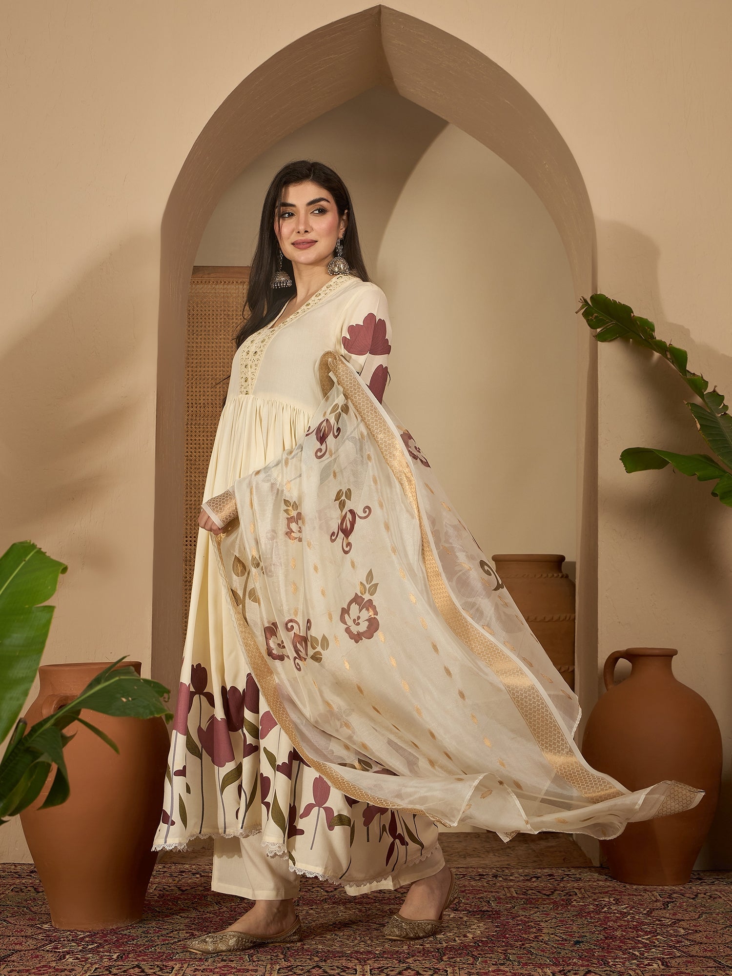 Women's Wine Floral Printed Rayon Flared Kurta Palazzo Dupatta Set (KP