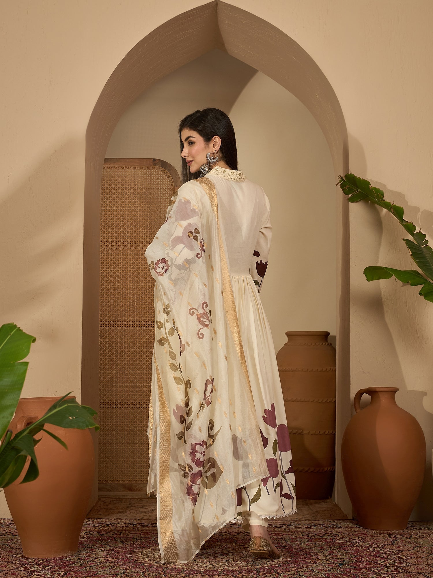 Women's Wine Floral Printed Rayon Flared Kurta Palazzo Dupatta Set (KP