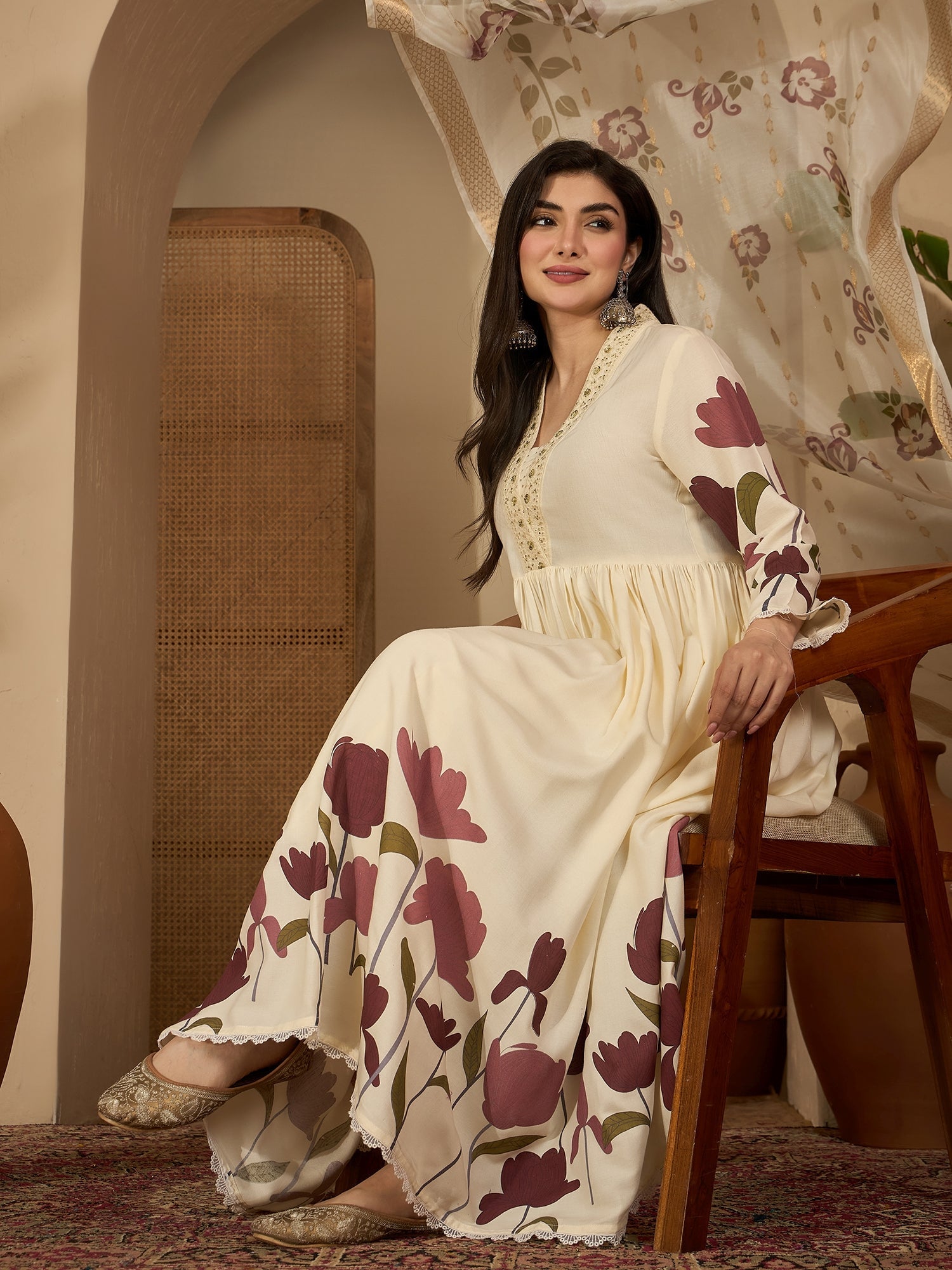 Women's Wine Floral Printed Rayon Flared Kurta Palazzo Dupatta Set (KP