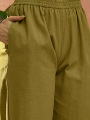 Stylum Women's Green Solid & Embroidered Cotton Straight Kurta Pant Set (KPGREENALMA)