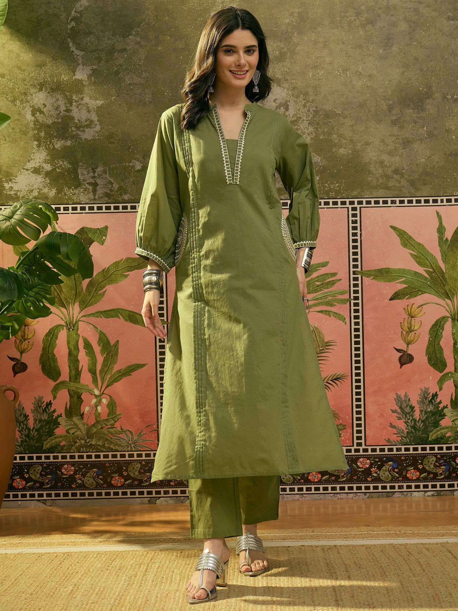 Women's Green Solid & Embroidered Cotton A-line Kurta Pant Set (KPGREE