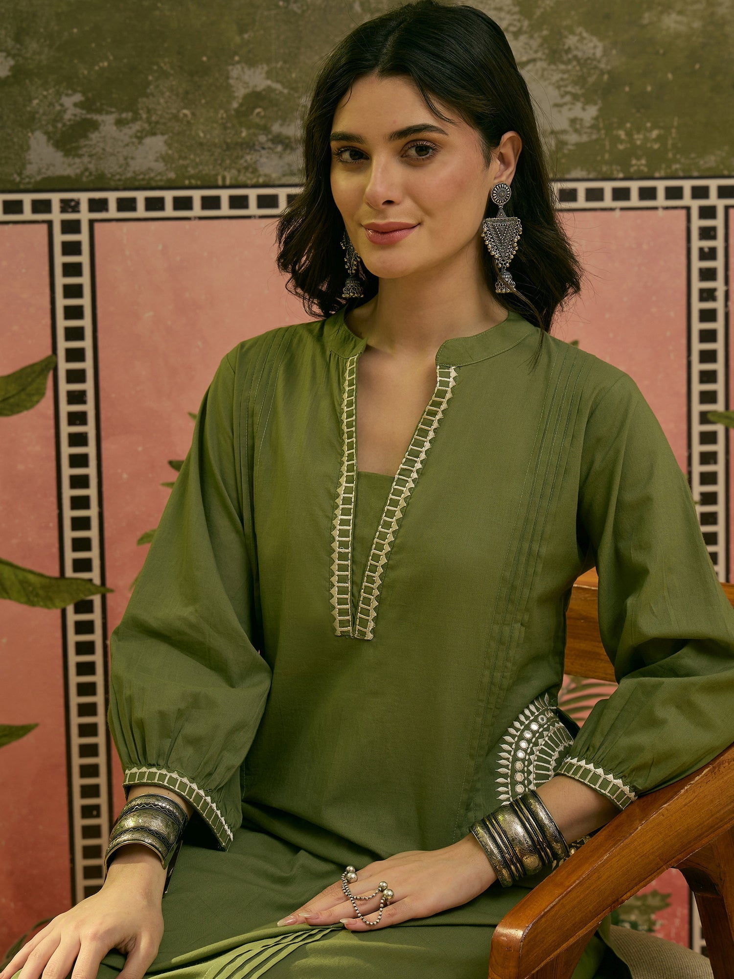 Women's Green Solid & Embroidered Cotton A-line Kurta Pant Set (KPGREE