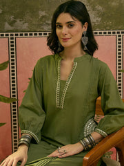 Stylum Women's Green Solid & Embroidered Cotton A-line Kurta Pant Set (KPGREENBIBER)
