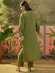 Stylum Women's Green Solid & Embroidered Cotton A-line Kurta Pant Set (KPGREENBIBER)
