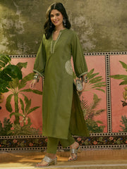 Stylum Women's Green Solid & Embroidered Cotton A-line Kurta Pant Set (KPGREENBIBER)