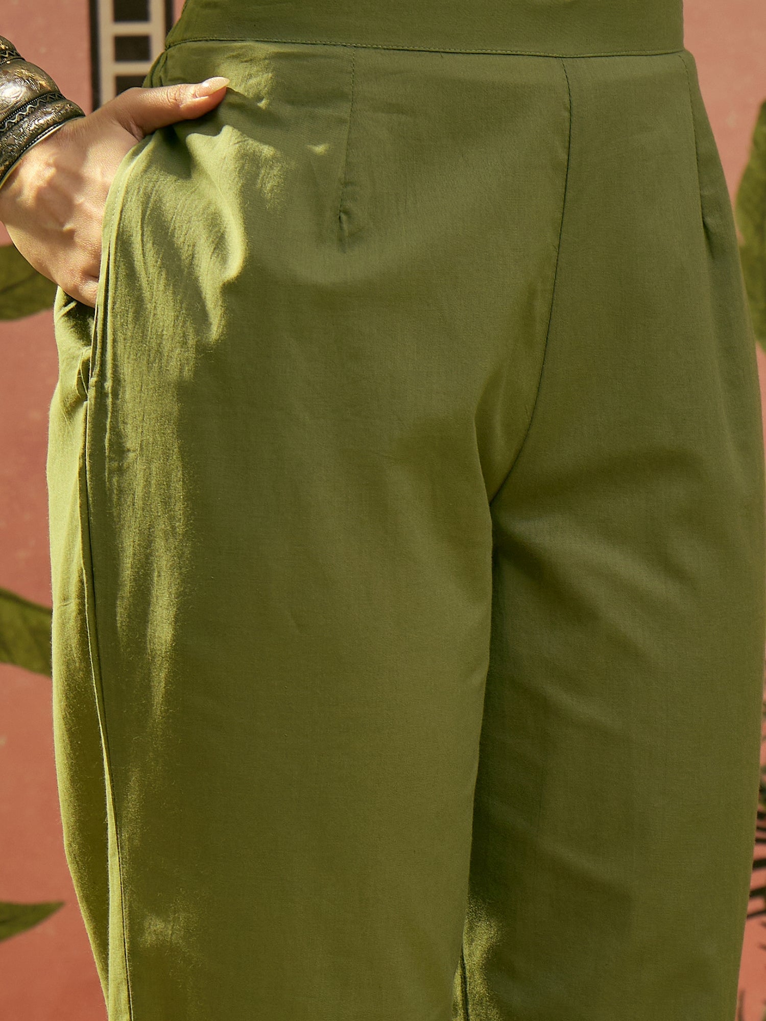 Women's Green Solid & Embroidered Cotton A-line Kurta Pant Set (KPGREE