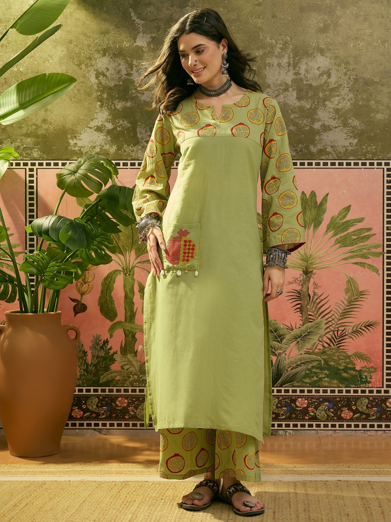 Women's Green Printed Cotton Straight Kurta Palazzo Set (KPGREENNAPPA)