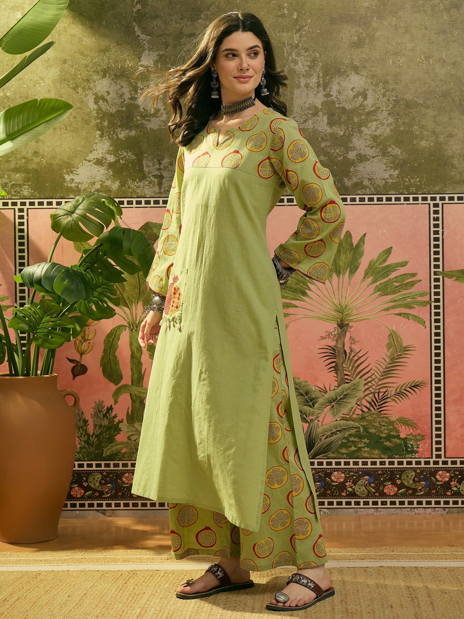 Women's Green Printed Cotton Straight Kurta Palazzo Set (KPGREENNAPPA)