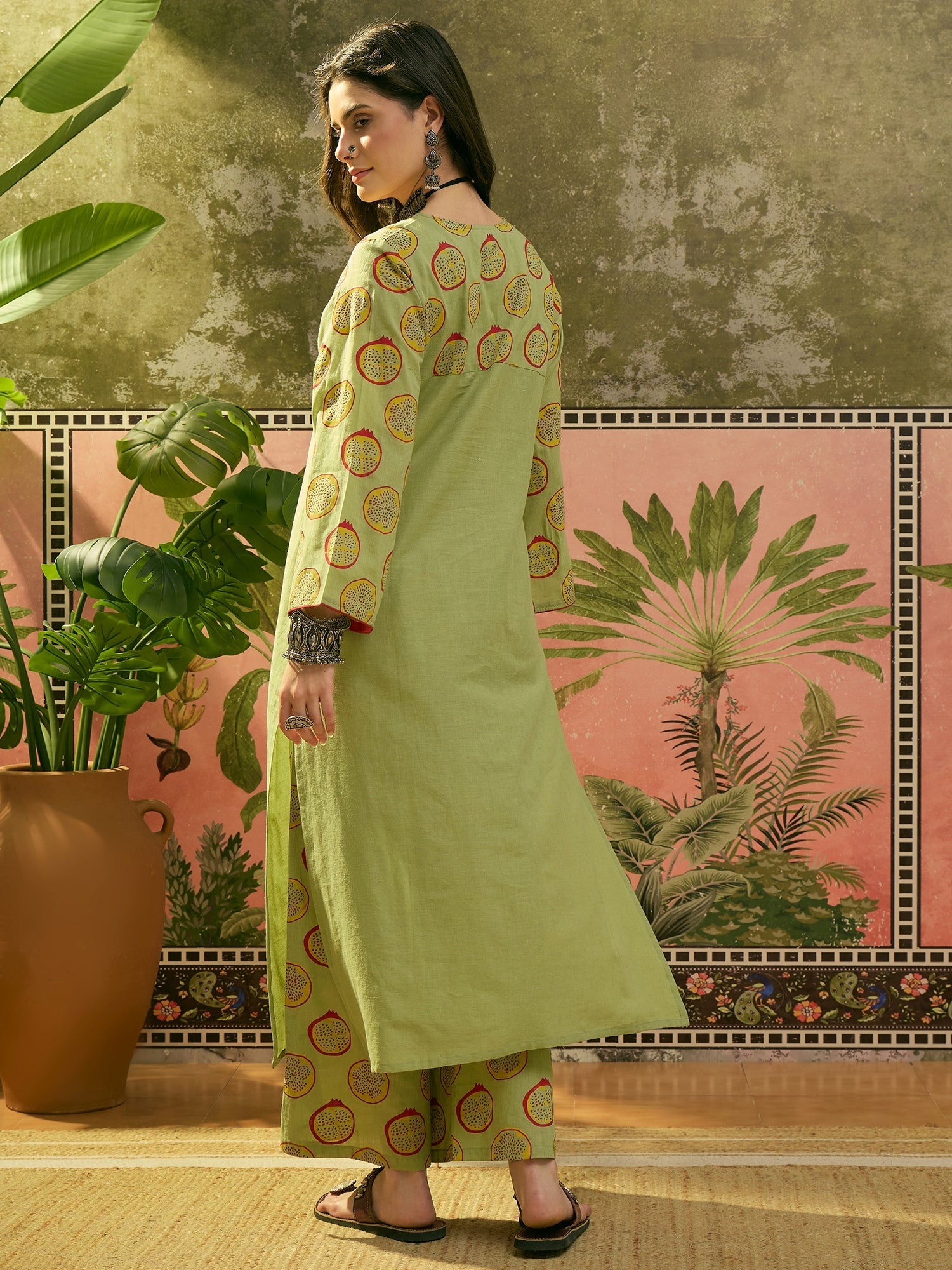 Women's Green Printed Cotton Straight Kurta Palazzo Set (KPGREENNAPPA)