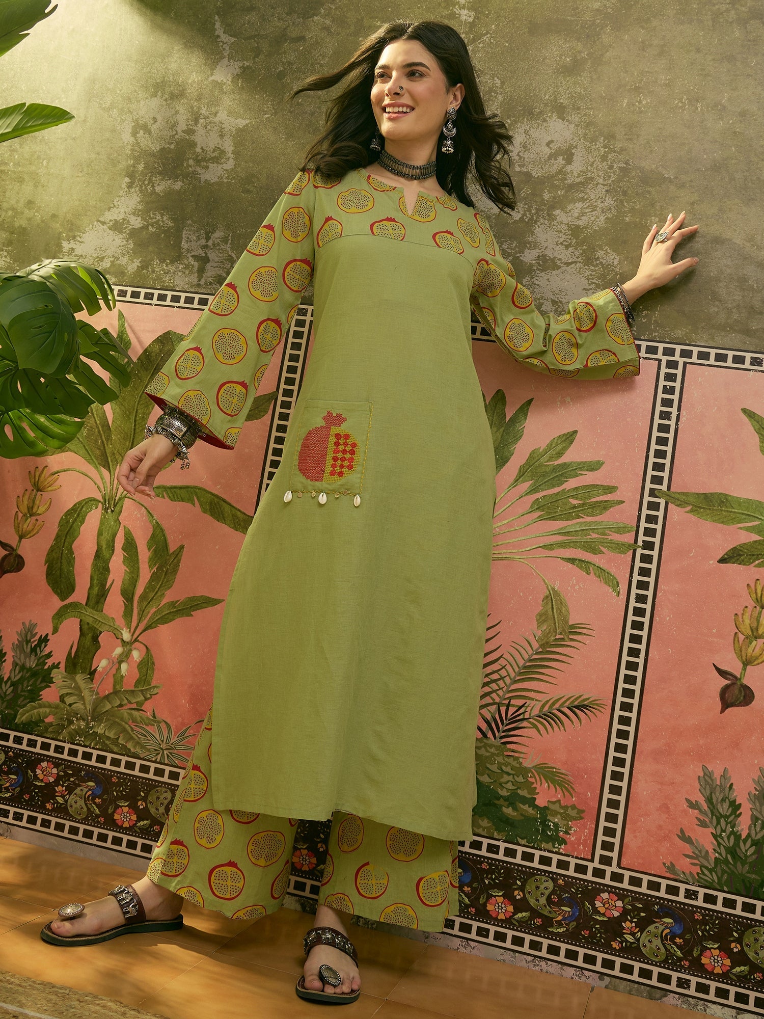 Women's Green Printed Cotton Straight Kurta Palazzo Set (KPGREENNAPPA)