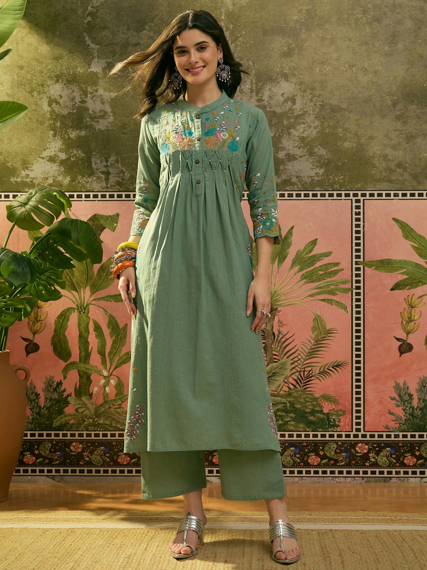 Women's Green Solid & Embroidered Cotton A-Line Kurta Pant Set (KPGREE