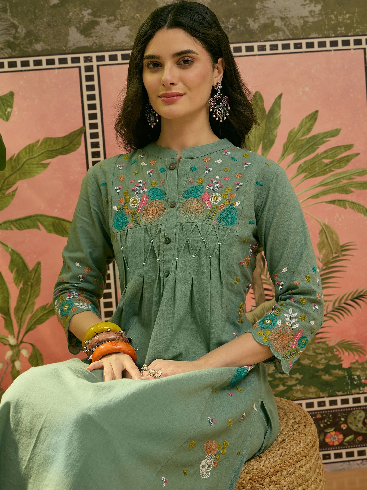 Women's Green Solid & Embroidered Cotton A-Line Kurta Pant Set (KPGREE