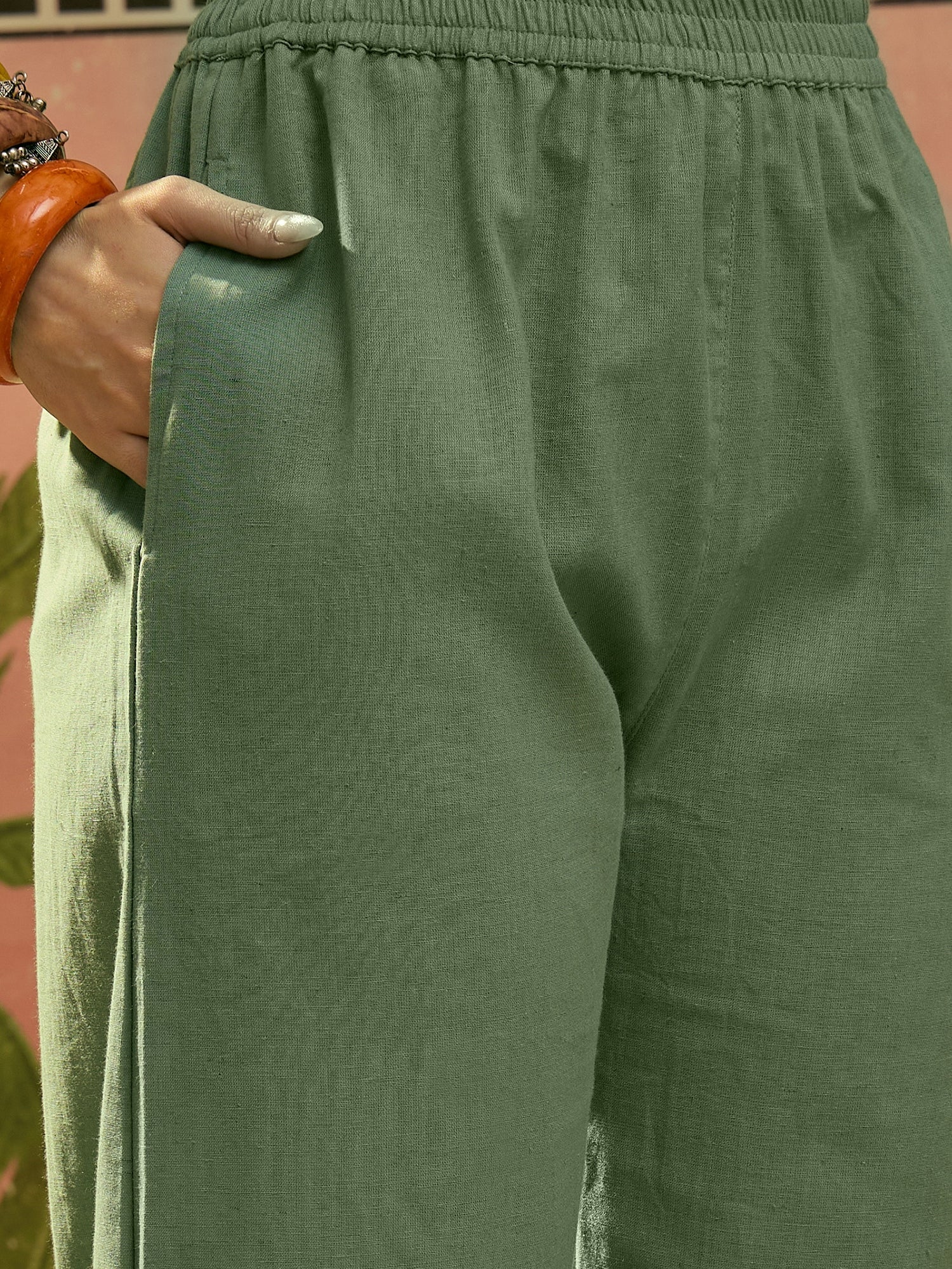 Women's Green Solid & Embroidered Cotton A-Line Kurta Pant Set (KPGREE