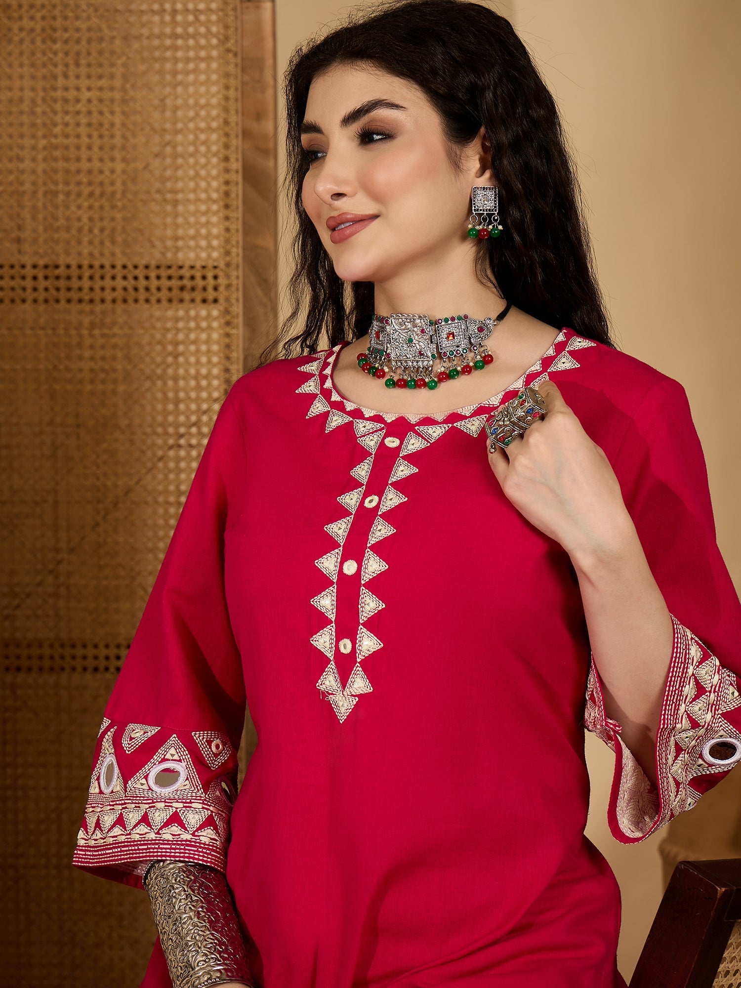 Women's Pink Solid & Embroidered Cotton Flex Straight Kurta Pant Set (