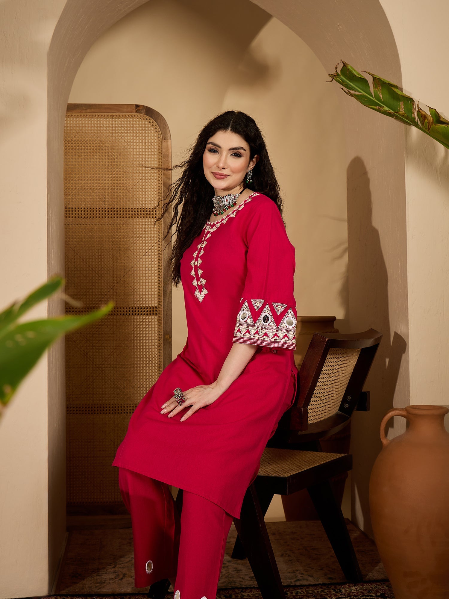 Women's Pink Solid & Embroidered Cotton Flex Straight Kurta Pant Set (