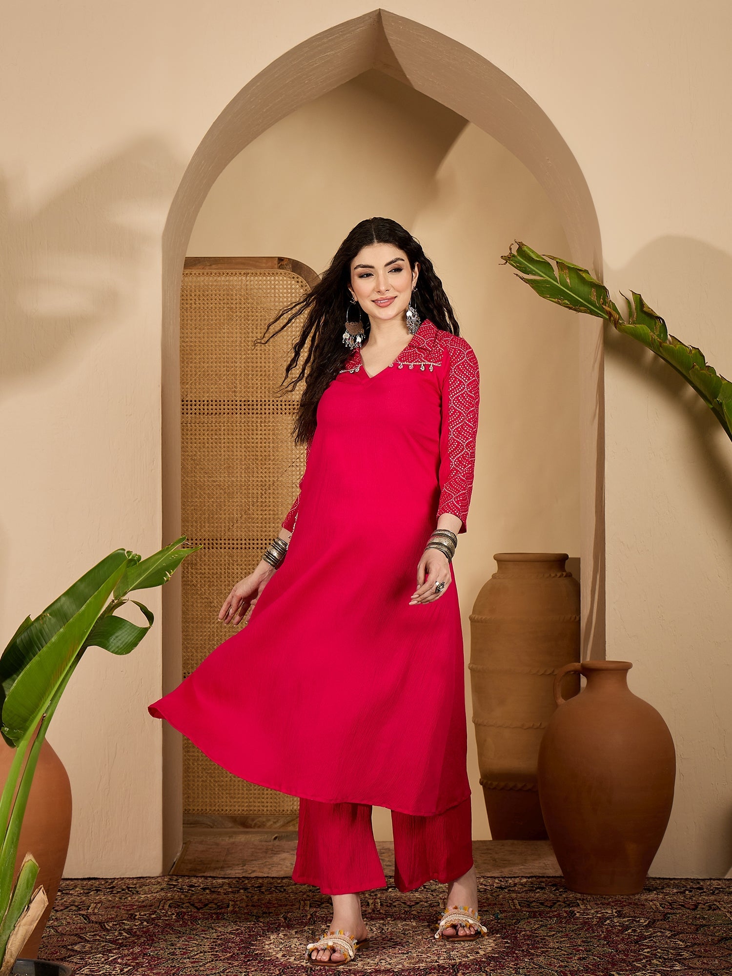 Women's Pink Solid Crepe A-Line Kurta Pant Set (KPPINKKOTA) | DesiQlo
