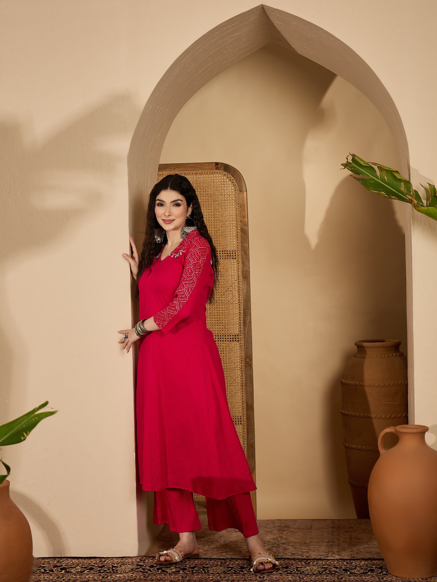 Women's Pink Solid Crepe A-Line Kurta Pant Set (KPPINKKOTA) | DesiQlo