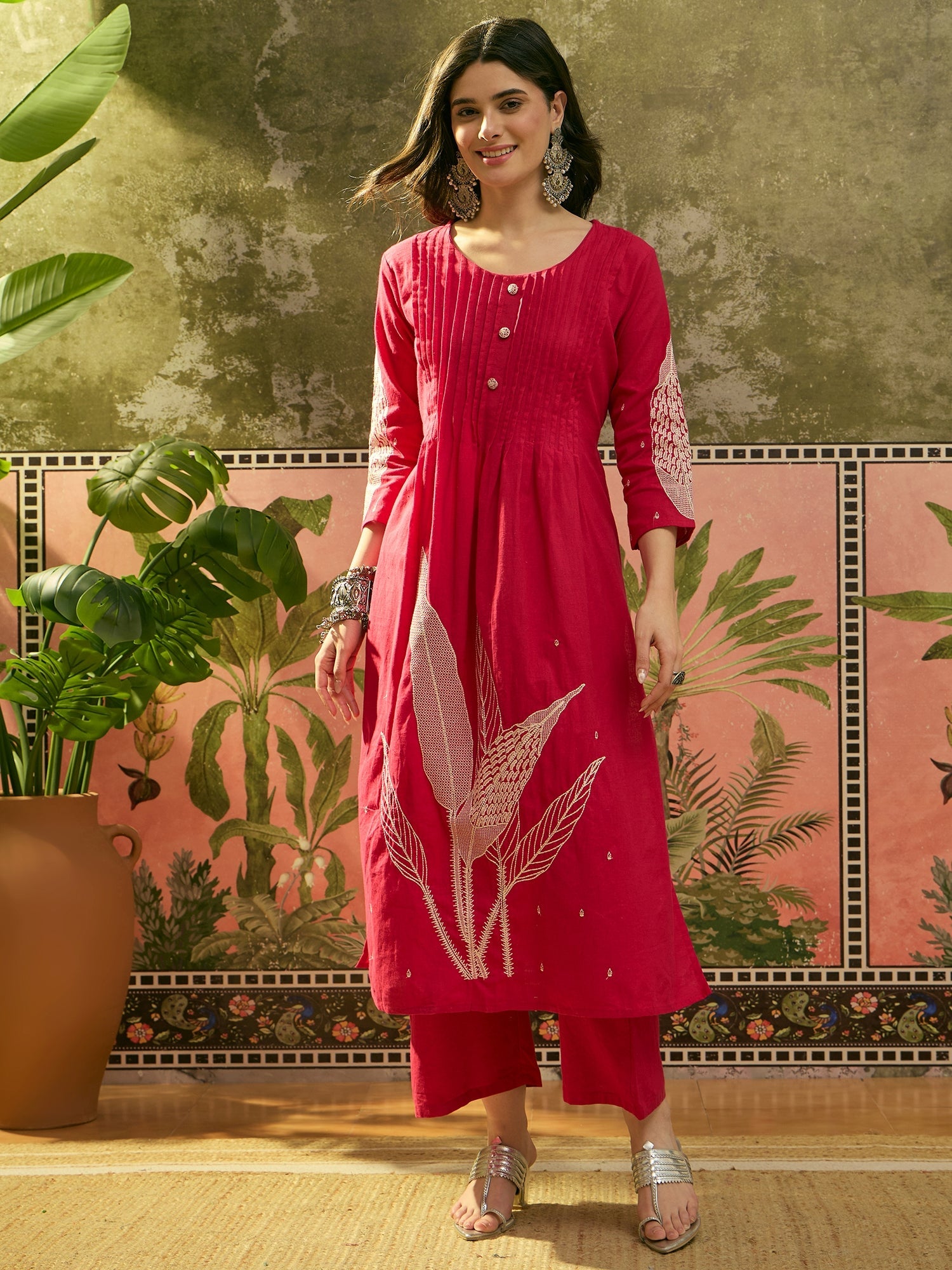 Women's Red Solid & Embroidered Cotton A-Line Kurta Pant Set (KPREDBOO