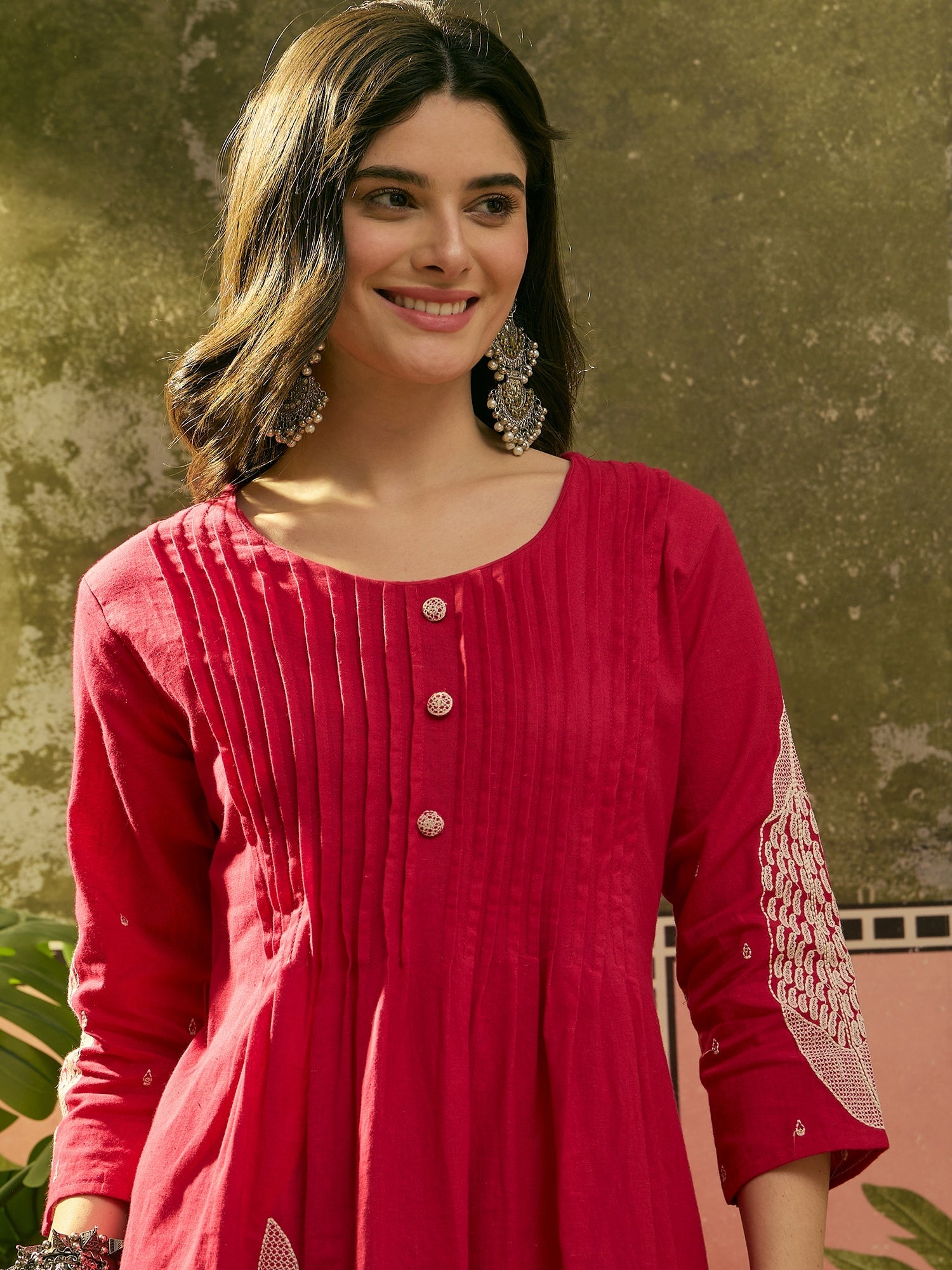 Women's Red Solid & Embroidered Cotton A-Line Kurta Pant Set (KPREDBOO