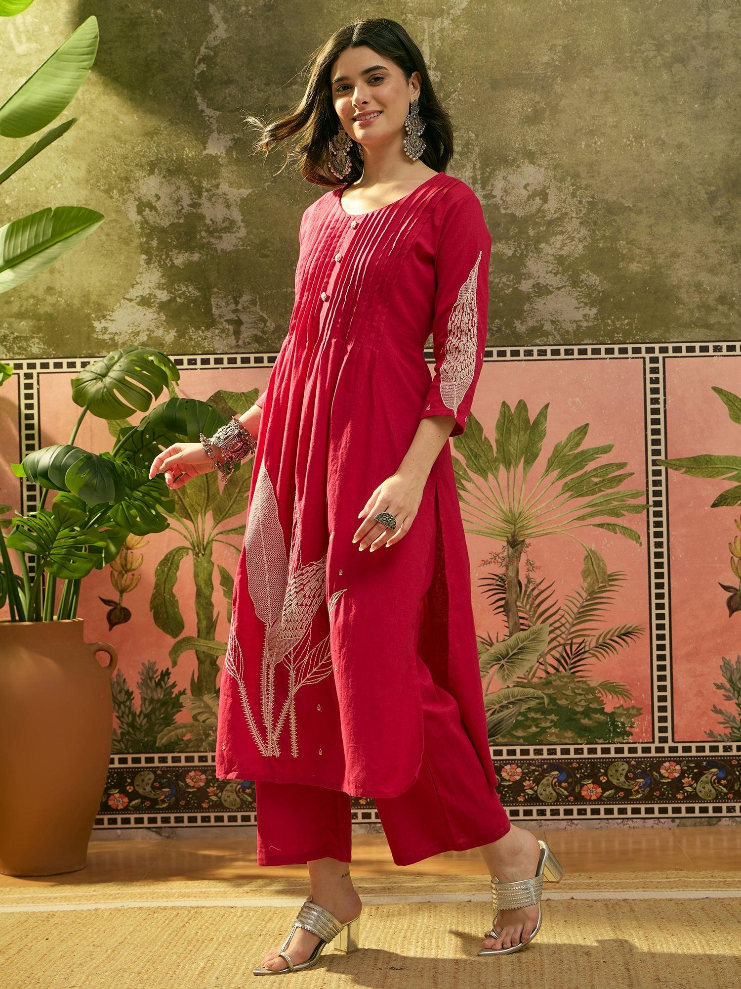 Women's Red Solid & Embroidered Cotton A-Line Kurta Pant Set (KPREDBOO